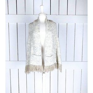 Vintage ivory chunky crochet knit fringe pocket shawl scarf/knit fringe tassel